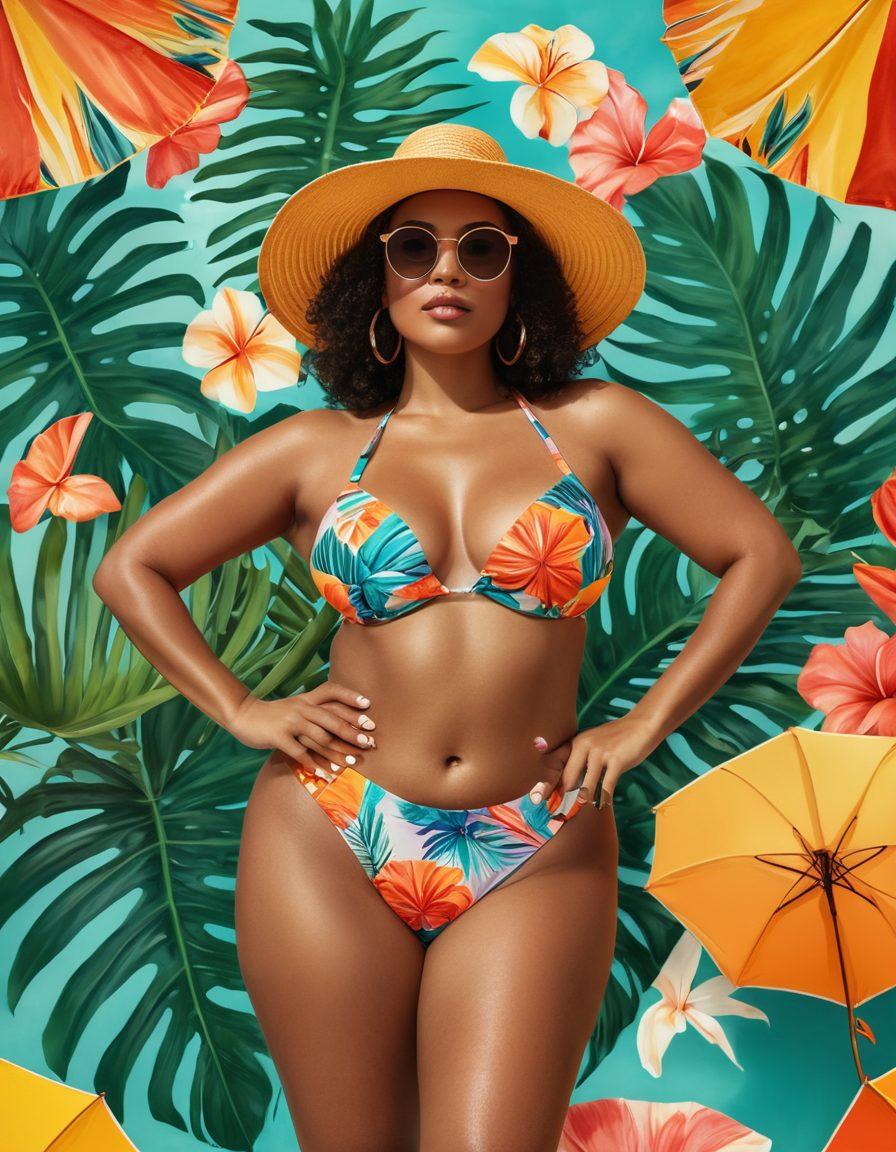 A vibrant beach scene featuring diverse women confidently showcasing bold and unique bikini designs, surrounded by colorful beach umbrellas and tropical plants. The sunlight glistens off the water, enhancing the lively atmosphere. Incorporate playful patterns and textures in the bikinis, along with accessories like hats and sunglasses. Celebrate body positivity and individual style in this sunny, summery setting. super-realistic. vibrant colors. tropical vibes.
